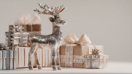 This captivating image showcases a shiny silver reindeer sculpture amid beautifully wrapped gifts, perfect for evoking a joyful holiday spirit in any setting.の素材