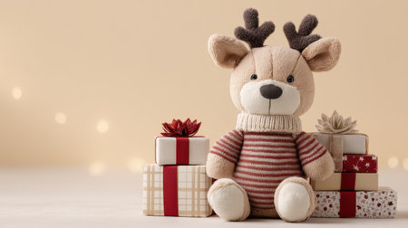 A charming plush reindeer toy wearing a striped sweater sits next to beautifully wrapped gifts, creating a delightful holiday atmosphere perfect for seasonal celebrations.の素材