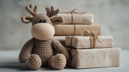 A charming handmade plush reindeer sits next to elegantly wrapped gift boxes, creating a warm and inviting atmosphere ideal for holiday celebrations and gift giving.の素材