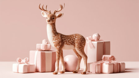 A charming fawn figurine stands gracefully amidst pastel gift boxes in a soft pink setting, ideal for capturing the essence of holidays or artistic photography themes.の素材