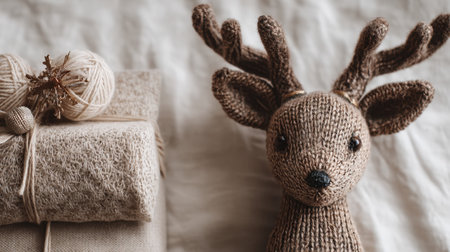 Adorable knitted reindeer ornament rests beside neatly wrapped gifts and decorative yarn, creating a cozy and inviting atmosphere for the holidays.の素材