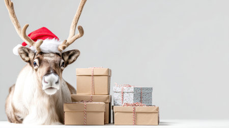 A charming reindeer wearing a Santa hat rests beside beautifully wrapped gifts. This delightful scene embodies the spirit of Christmas and festive joy.の素材