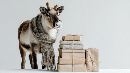 A charming reindeer wrapped in a warm scarf stands next to beautifully wrapped gifts, creating a cozy and festive atmosphere perfect for winter celebrations.の素材