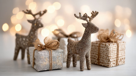 Charming reindeer decorations next to beautiful wrapped gifts create a cozy holiday atmosphere, perfect for celebrating the joy of Christmas and the winter season.の素材