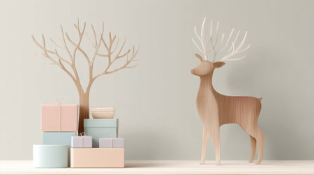 A captivating scene featuring a wooden deer beside pastel gift boxes and a decorative tree. Ideal for capturing the essence of minimalist holiday decor and interior style.の素材