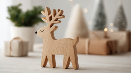 A charming wooden reindeer figurine adds a festive touch to a cozy holiday setting filled with Christmas trees and wrapped gifts, creating a joyful atmosphere.の素材