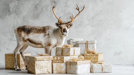 A stunning reindeer elegantly stands amidst an array of tastefully wrapped gifts, creating a peaceful yet festive atmosphere ideal for holiday themes and winter celebrations.の素材