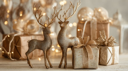 A charming scene featuring golden reindeer figures next to stylishly wrapped gift boxes, creating a warm and inviting atmosphere perfect for the holiday season.の素材