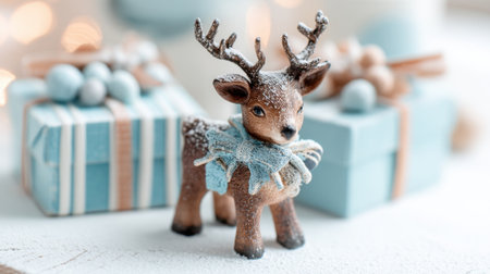 A charming decorative reindeer figurine stands amid beautifully wrapped gift boxes, creating a cozy winter atmosphere with a soft focus background, perfect for holiday dの素材