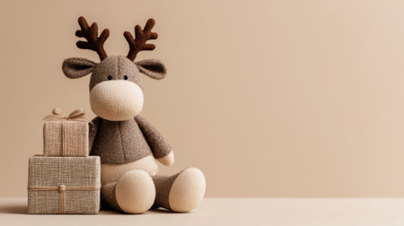 A charming plush reindeer toy sits next to wrapped gift boxes against a soft beige background, creating a warm, festive atmosphere ideal for holiday celebrations.の素材