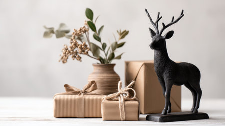 A charming holiday scene featuring a black deer figurine, wrapped gifts, and natural greenery, perfect for conveying festive vibes and minimalist aesthetics in a cozy atmosphere.の素材