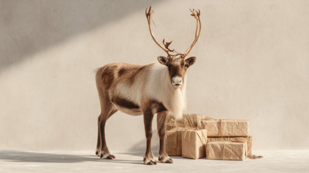 A stunning reindeer stands gracefully next to beautifully wrapped gifts in a minimalistic indoor setting, perfectly capturing the essence of holiday joy and natural beauty.の素材
