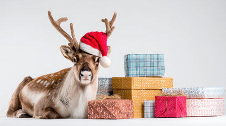 A charming reindeer adorned with a Santa hat lies beside vibrant holiday gifts, capturing the spirit of Christmas joy and celebration in a playful winter scene.の素材
