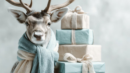 A charming deer dressed in a soft scarf poses beside pastel-wrapped gifts, capturing the essence of holiday cheer and warmth during the festive season.の素材