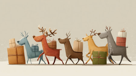 A delightful illustration of playful cartoon reindeer walking together, each laden with colorful gifts, capturing the spirit of joy and celebration during the holiday season.の素材