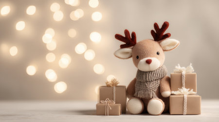 A charming plush reindeer wearing a cozy scarf sits beside beautifully wrapped gifts against a soft bokeh background, capturing the spirit of Christmas cheer and warmth.の素材