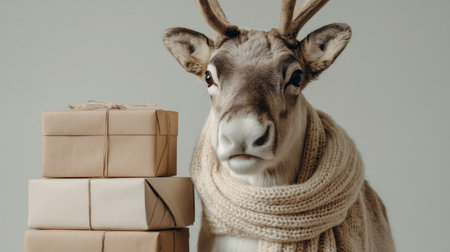 A charming reindeer dressed in a soft scarf, posing next to elegantly wrapped gifts. This delightful image captures the spirit of the holiday season and joy.の素材