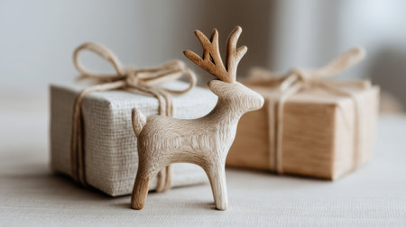 A charming wooden reindeer figure stands next to beautifully wrapped gifts, creating a warm and inviting atmosphere for holiday celebrations and winter decor inspiration.の素材