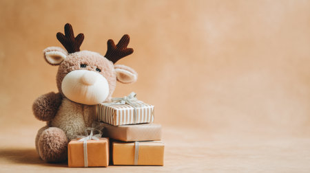 This charming reindeer plush toy sits beside beautifully wrapped gift boxes against a soft brown background, creating a warm and festive atmosphere ideal for holiday celebrations.の素材