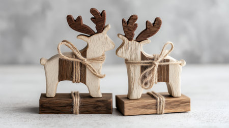 A pair of charming wooden deer figurines with antlers, tied with twine, create a delightful winter decor. Perfect for holiday displays and festive settings.の素材