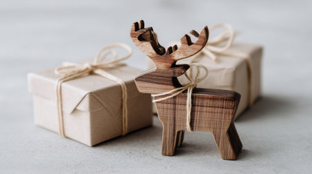 A charming wooden reindeer figurine stands next to beautifully wrapped gift boxes tied with twine, creating a perfect scene for holiday celebrations and decorations.の素材