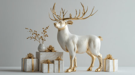 This stunning image features a white deer sculpture with gold antlers, elegantly placed among festive gifts and decorative elements perfect for holiday ambiance.の素材