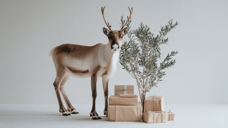 A charming reindeer stands near beautifully wrapped gifts and a delicate tree, creating a serene and festive atmosphere perfect for holiday themes.の素材