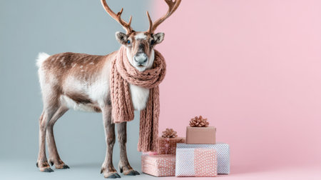 This charming reindeer, adorned with a soft scarf, stands next to delightful gifts, set against a pastel background. Ideal for holiday-themed designs and projects.の素材