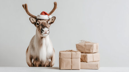 A charming reindeer wearing a Santa hat poses beside neatly wrapped gifts. This heartwarming scene embodies the festive spirit of Christmas and joyful celebrations.の素材