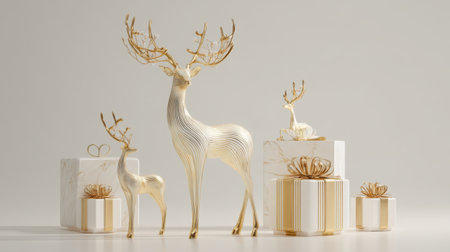 This stunning arrangement features elegant gold reindeer sculptures among luxurious gift boxes, perfect for enhancing holiday spirit and winter decor in any setting.の素材