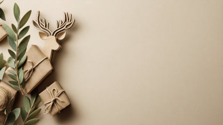 A charming arrangement of gift boxes and a wooden reindeer, complemented by greenery on a neutral background, perfect for holiday-themed designs and decor.の素材