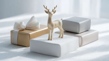 A beautiful arrangement featuring elegantly wrapped gifts in gold and silver with a charming gold reindeer figurine, creating a warm festive atmosphere.の素材