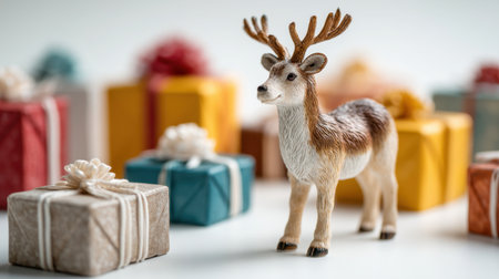 A charming reindeer figurine stands amidst a collection of colorful gift boxes, creating a cozy and festive atmosphere ideal for holiday decorations and celebrations.の素材