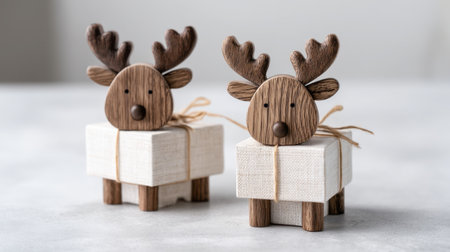 Charming wooden reindeer figurines sit atop gift boxes, ideal for adding a playful touch to holiday decorations, creating a cozy and festive atmosphere.の素材