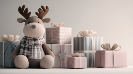 A charming plush reindeer wearing a scarf is surrounded by beautifully wrapped gifts, creating a heartwarming and festive atmosphere perfect for holiday celebrations.の素材