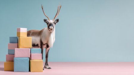 A charming reindeer stands beside a stack of pastel gift boxes in a bright studio. Perfect for holiday themes, seasonal decorations, and festive celebrations.の素材