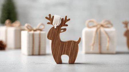 A charming wooden reindeer stands out with a festive ribbon, surrounded by softly blurred holiday gifts, perfect for capturing the spirit of joyful winter celebrations.の素材