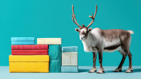 A playful reindeer stands beside an arrangement of vibrant gift boxes in various colors on a bright teal background, capturing the essence of joyful celebrations.の素材