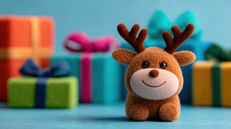 A charming plush reindeer with antlers sits in front of vibrant gifts, creating a joyful scene perfect for the holiday season and festive celebrations.の素材