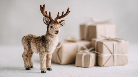 A charming toy deer figurine stands next to beautifully wrapped presents, creating a festive scene perfect for holiday celebrations and family gatherings.の素材