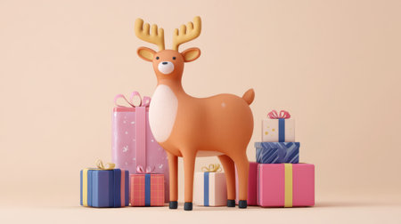 A cheerful cartoon reindeer stands beside colorful gifts in a soft pastel setting, creating a whimsical atmosphere perfect for festive celebrations and holiday cheer.の素材