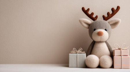 This charming plush reindeer toy sits next to two beautifully wrapped gift boxes, ideal for adding a touch of warmth and joy to holiday celebrations.の素材