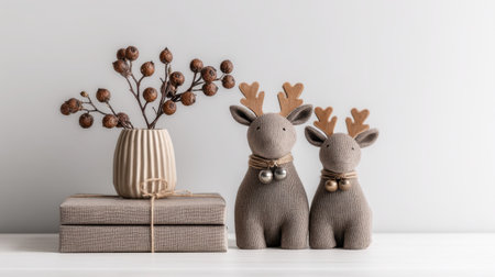 Embrace the holiday spirit with this cozy decoration showcasing knit reindeer figures, a textured vase, and stacked books, creating a delightful and inviting atmosphere.の素材