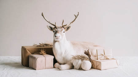 A charming indoor scene with a reindeer resting among beautifully wrapped gifts and natural decor, creating a heartwarming and festive holiday atmosphere.の素材