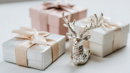 This image features elegant gifts adorned with soft bows, complemented by a charming silver deer figurine. Perfect for holiday decor inspiration.の素材