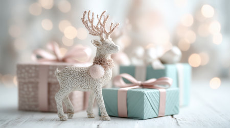 A charming reindeer figurine stands proudly beside beautifully wrapped gifts in soft pastel colors, set against a dreamy bokeh background, perfect for festive decor.の素材