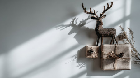 Capture the essence of the holiday season with this charming arrangement featuring a wooden reindeer, beautifully wrapped gifts, and a serene shadow play effect.の素材