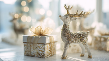 A stunning reindeer figurine adorned with glitter stands proudly next to elegantly wrapped gift boxes, capturing the magic of the holiday season and festive joy.の素材