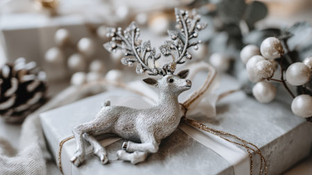 A charming silver reindeer sits elegantly on a beautifully wrapped gift, surrounded by sparkling ornaments and natural elements, perfect for a festive holiday setting.の素材