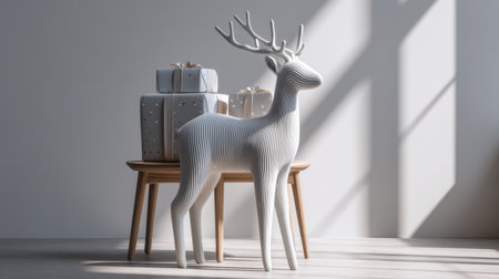 A striking white reindeer sculpture stands beside beautifully wrapped gifts, enhancing the festive atmosphere of a bright, minimalist room filled with soft shadows.の素材